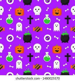 seamless pattern happy halloween icons isolated on purple background. vector Illustration.