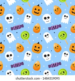 seamless pattern happy halloween icons isolated on blue background. vector Illustration.