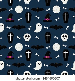 seamless pattern happy halloween icons isolated on blue background. vector Illustration.
