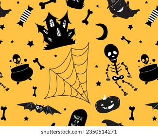 Seamless pattern happy halloween icons isolated on yellow background. Skeleton, pumpkin, castle, witch potion pot, cobwebs, bones, ghost.Halloween holidays cartoon character set. Trick or treat 