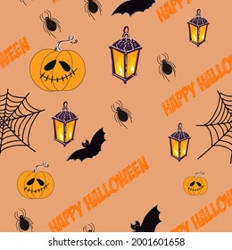 Seamless pattern; Happy Halloween, Halloween items; web; pumpkin; spider; bat.