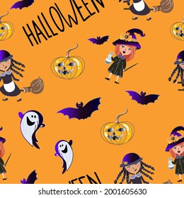 Seamless pattern; Happy Halloween, Halloween items; pumpkin; bat; casting; cute witch; on a broomstick;