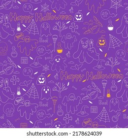 Seamless pattern Happy Halloween. Linear drawn doodles pumpkin Jack, ghost, grave, skull with crossbones and full moon with bats, scythe and broom, cobweb on purple background. Vector illustration.