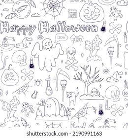 Patrón sin foco Feliz Halloween. Calabaza de garabatos dibujada a mano lineal Jack, fantasma, tumba, cráneo con huesos cruzados y luna llena con murciélagos, guadaña y escoba sobre fondo blanco. Ilustración del vector