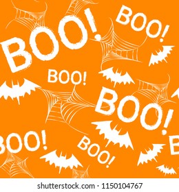 Seamless pattern for Happy Halloween party. Vector illustration of bats and spiders web on orange background.