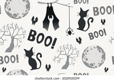 Seamless pattern happy halloween party. Endless background with tree, moon, spider, cat, bat, boo. Hand drawing vector clip art graphic elements for creative design, printable decor.