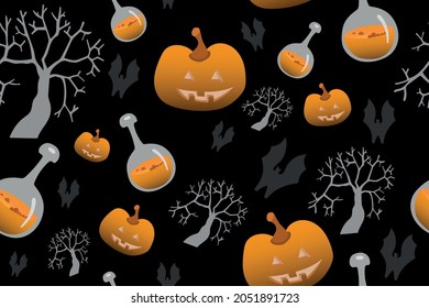 Seamless pattern happy halloween party. Endless background with flask with potion, pumpkin, black bat, gray tree. Hand drawing vector clip art graphic elements for creative design, printable decor.