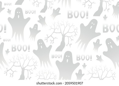 Seamless pattern happy halloween party. Endless white background with scary tree, ghost and lettering boo. Hand drawing vector clip art graphic elements for creative design, printable textile, card.