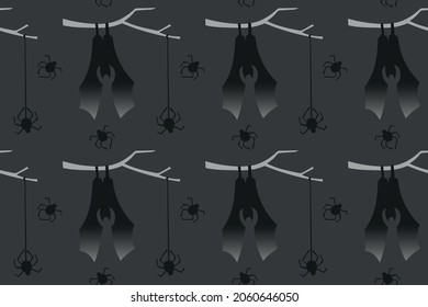 Seamless pattern happy halloween party. Endless gray background with bat on a tree branch with a spider. Hand drawing vector clip art graphic elements for creative design, printable decor, textile.
