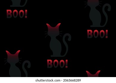 Seamless pattern happy halloween party. Endless background with black and red cat, lettering boo. Hand drawing vector clip art graphic elements for creative design, printable decor, decoration.