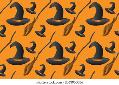 Seamless pattern happy halloween party. Endless orange background with hat and broom. Hand drawing vector clip art graphic elements for creative design, printable textile, decor.