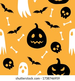 Seamless pattern happy halloween, pumpkin, bat, spider, cross, skull, ghost vector illustration