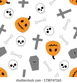 Seamless pattern happy halloween, pumpkin, bat, spider, cross, skull, ghost vector illustration