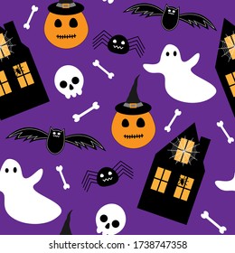 Seamless pattern happy halloween, pumpkin, bat, spider, cross, skull, ghost vector illustration