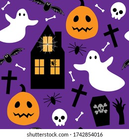 Seamless pattern happy halloween, pumpkin, bat, spider, cross, skull, ghost vector illustration