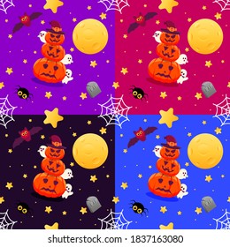 Seamless Pattern Happy Halloween with pumpkin, moon, bat, spider,tombstone, cobweb and cute ghost