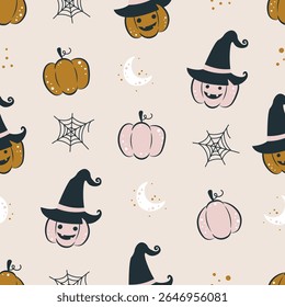 Seamless pattern happy halloween. Pumpkin and witch hat background. For poster, fabric, wrapping, apparel, wallpaper