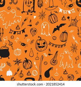 Seamless pattern. Happy Halloween. Pumpkins, ghosts, bowler hat, candy, spider webs. Vector illustration.