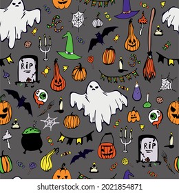 Seamless pattern. Happy Halloween. Pumpkins, ghosts, bowler hat, candy, spider webs. Vector illustration.