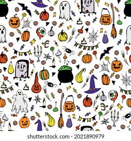 Seamless pattern. Happy Halloween. Pumpkins, ghosts, bowler hat, candy, spider webs. Vector illustration.