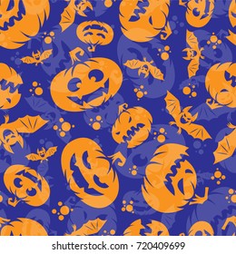 Seamless pattern of happy halloween. Pumpkins and bats. Orangery pumpkin halloween on a blue background. Vector illustration.