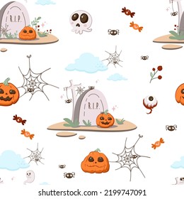 Seamless pattern, happy Halloween scene. Cartoon illustrations skull, grave, pumpkin jack, spiders, cobwebs, clouds, ghost. Vector set of halloween characters, scene, cute landscape, card, grass