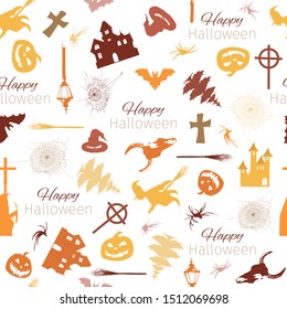 Seamless pattern for happy halloween. Set of vector elements, outlines and silhouettes on a white background for printing.