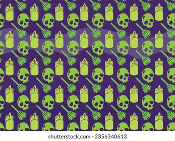 Seamless pattern Happy Halloween. with skull candle and flying broom dark color vector illustration