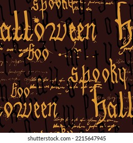 Seamless Pattern Happy Halloween with text, pumpkin, ghost, witcher. Hand drawn gothic letter, silhouette, unreadable text