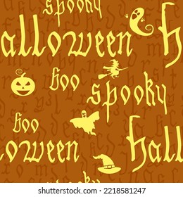 Seamless Pattern Happy Halloween with text, pumpkin, ghost, witcher. Hand drawn gothic letter, silhouette