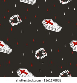 Seamless pattern Happy halloween vampire teeth with Coffin doodles hand drawn Background.printing wallpaper.vector illustration 