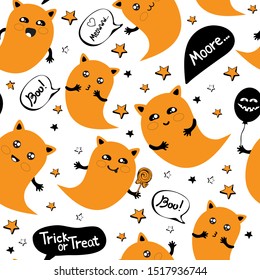 Seamless pattern happy Halloween in vector. Cute doodles for Halloween Party with a cute Ghost cat flying among the stars in the sky. Kawaii cats with different emotions. 