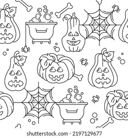 Seamless pattern Happy Halloween. Vector linear illustration. Coloring. Pumpkins and cobwebs with spiders.