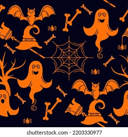 Seamless pattern Happy Halloween. Wrapping. Ghosts and cobwebs with spiders, broom.