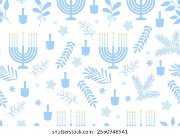 Padrão contínuo. Feliz Hanukkah. Celebração com menorá e dreidels, flores. Design azul e branco. Hanukkah religião fundo feriado com flores. Design de feriado