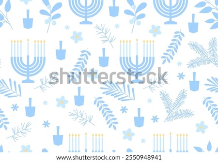 Seamless pattern. Happy Hanukkah. Celebration with menorah and dreidels, flowers. Blue and white design. Hanukkah religion holiday background with flowers. Holiday design