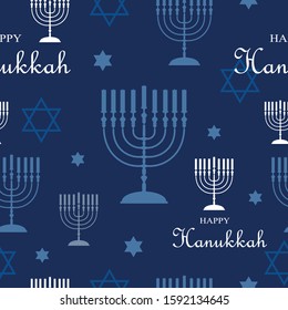 Seamless pattern with happy Hanukkah symbols on blue color background for happy Hanukkah day, flyers, poster and banner, (translate : Hag Ha Hanukka)