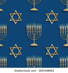 Seamless pattern with happy Hanukkah symbols on blue color background for happy Hanukkah day, flyers, poster and banner, (translate : Hag Ha Hanukka)