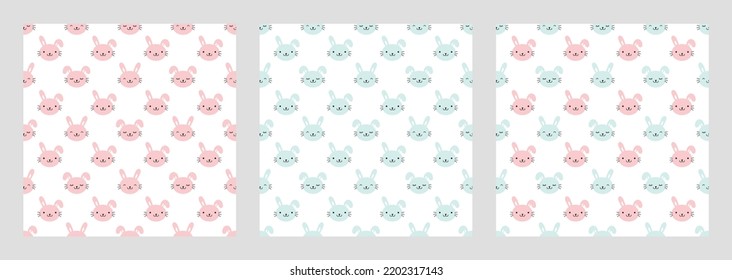 Patrón sin foco con harinas o conejos felices. Textura, fondo, papel pintado, interminable ornamento, impresión repetida. Carácter de bebé para diseño de prendas de vestir para lactantes, impresión, tela, textiles, decoración