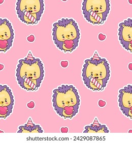 Seamless pattern with happy hedgehogs birthday boy with candy and romantic animal heart on pink background. Vector illustration with cute cartoon kawaii animals. Kids collection