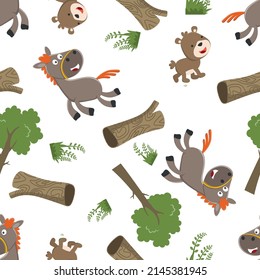 Seamless pattern of Happy horse and bear cartoon in the farm, funny animal cartoon. Creative vector childish background for fabric textile, nursery wallpaper, poster, brochure. and other decoration.