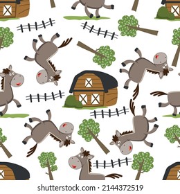 Seamless pattern of Happy horse cartoon in the farm with barn and green field. funny animal cartoon. Creative vector childish background for fabric textile, nursery wallpaper, and other decoration.