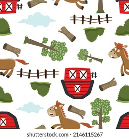 Seamless pattern of Happy horse cartoon in the farm with barn and trees. funny animal cartoon. Creative vector childish background for fabric textile, nursery wallpaper, brochure. and other decoration