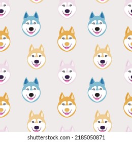 Patrón sin foco con caras alegres de perro husky. Diseño moderno para tela y papel, texturas superficiales.