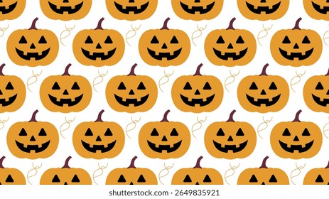 Seamless pattern of happy jack o lantern pumpkins with swirling vines silhouette