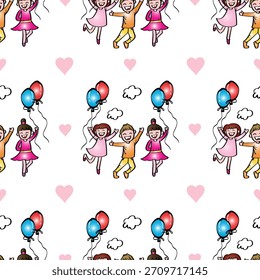 Nahtloses Muster mit fröhlichen Kindern und Ballons. Vektorgrafik.