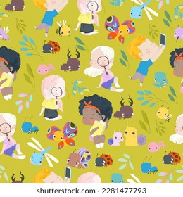 Seamless Pattern with Happy Kids discovering Insects