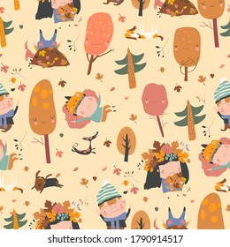 Seamless pattern with happy kids playing with autumn leaves