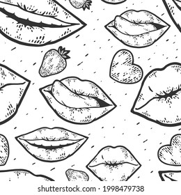 Patrón sin foco. Dibujo de arte de la línea del día del beso feliz vector de grabado.