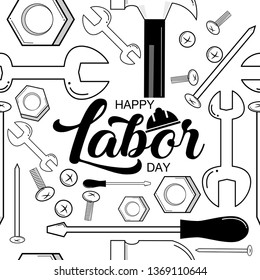 Seamless pattern Happy labor day with technician Equipment isolated on white background. Vector illustration.